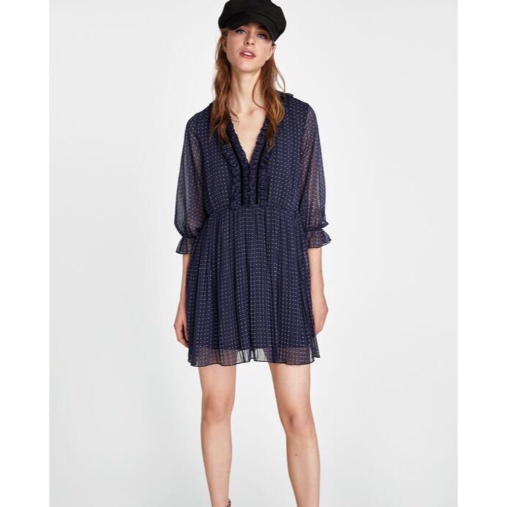 Zara Polka Dot Dress Ruffle Blue Size Small